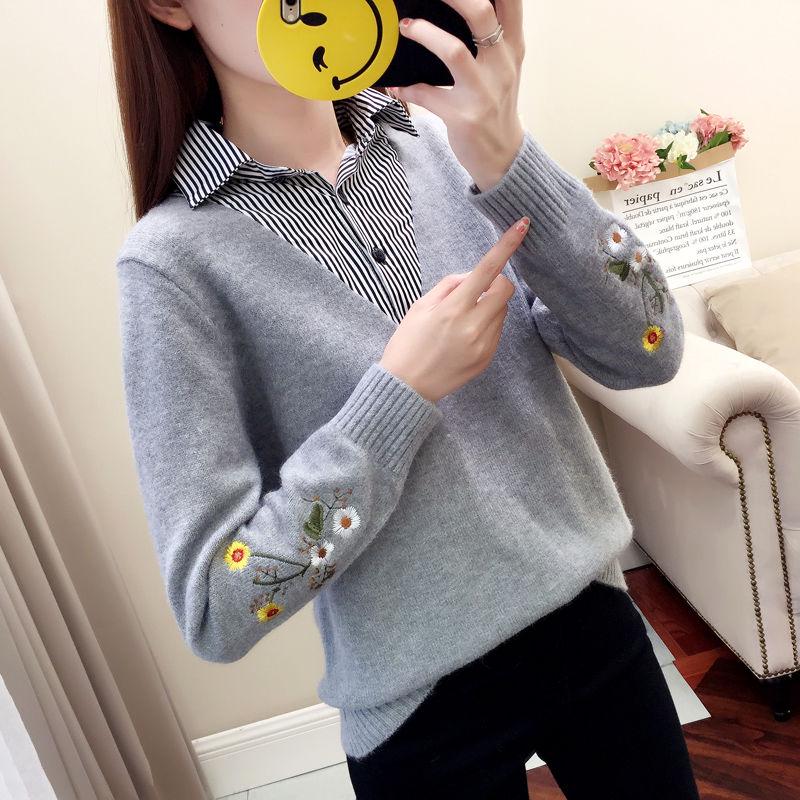Autumn Winter women Sweater Korean Embroidered Lapel Stitching Fake Two-piece Blouse Loose Pullover Sweater for Students Office lady
