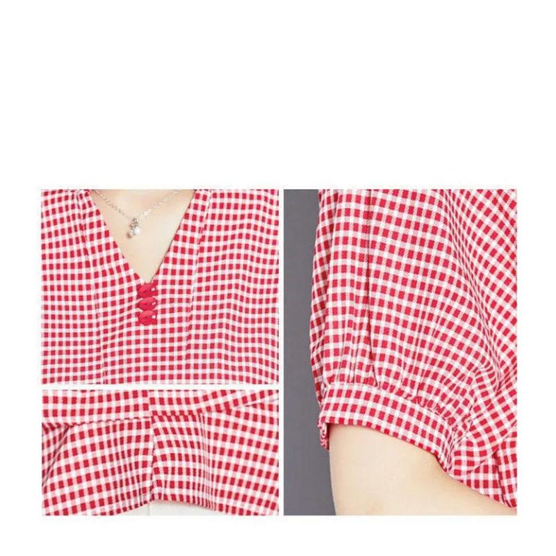Short-sleeved Plaid Chiffon Shirt Women's Niche Design V-neck  Belly-covering Shirt