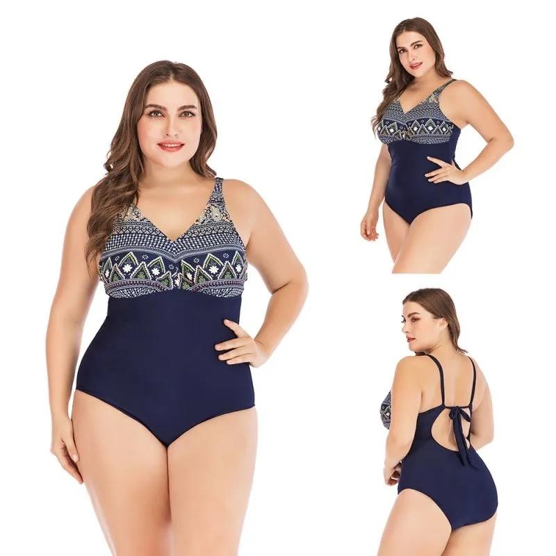 Plus Size One Piece Swimsuit women's open Back Geometric Printded Breathable Swimwear Slim Beachwear Bikini