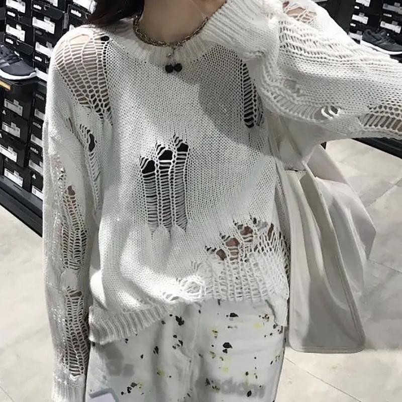 Gothic Punk Hole Sweaters Women Oversized Streetwear Harajuku Sweaters Hollow Out Broken Knitted Jumper Woman Pullover Sweater White Sweater Shirt