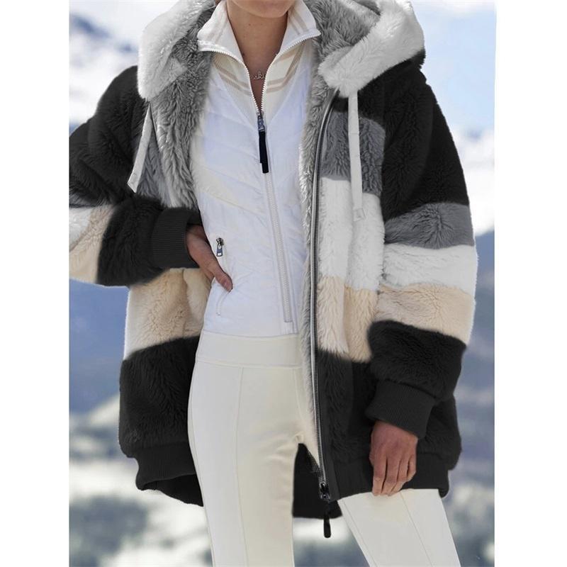 Women's Autumn and Winter Plush Warm Loose Hooded Jacket Plus Velvet Thick Women Multicolor Coat Girls Stripe Sleep Wear Big Size Plus Size S-5XL