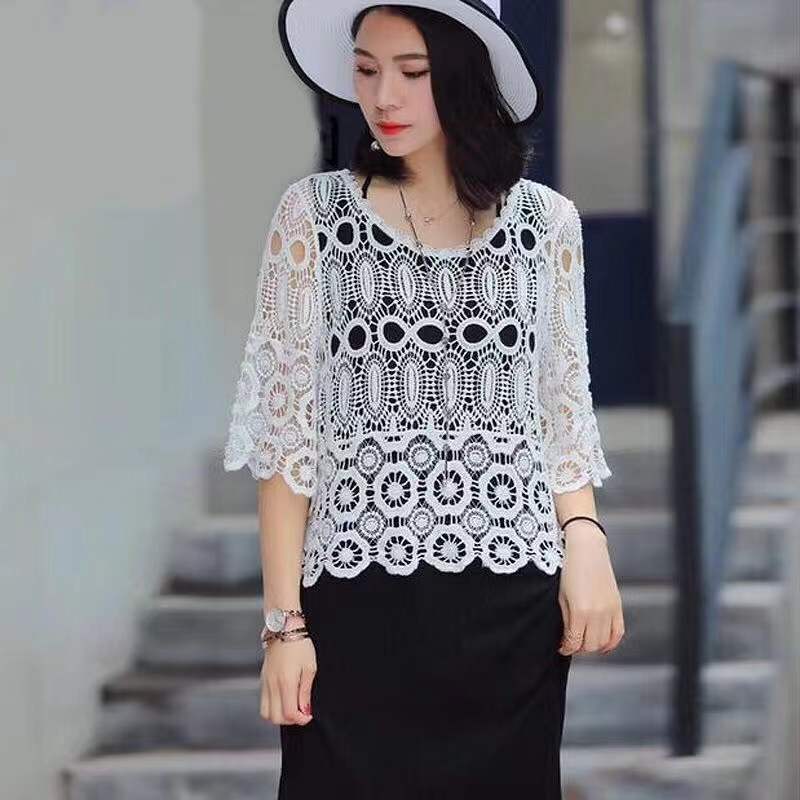 Hollow Blouse Thin Lace Women's Skirt Loose Bottoming Hollow Knitted Sweater Sweet Temperament Hole Top Sunscreen Shirt