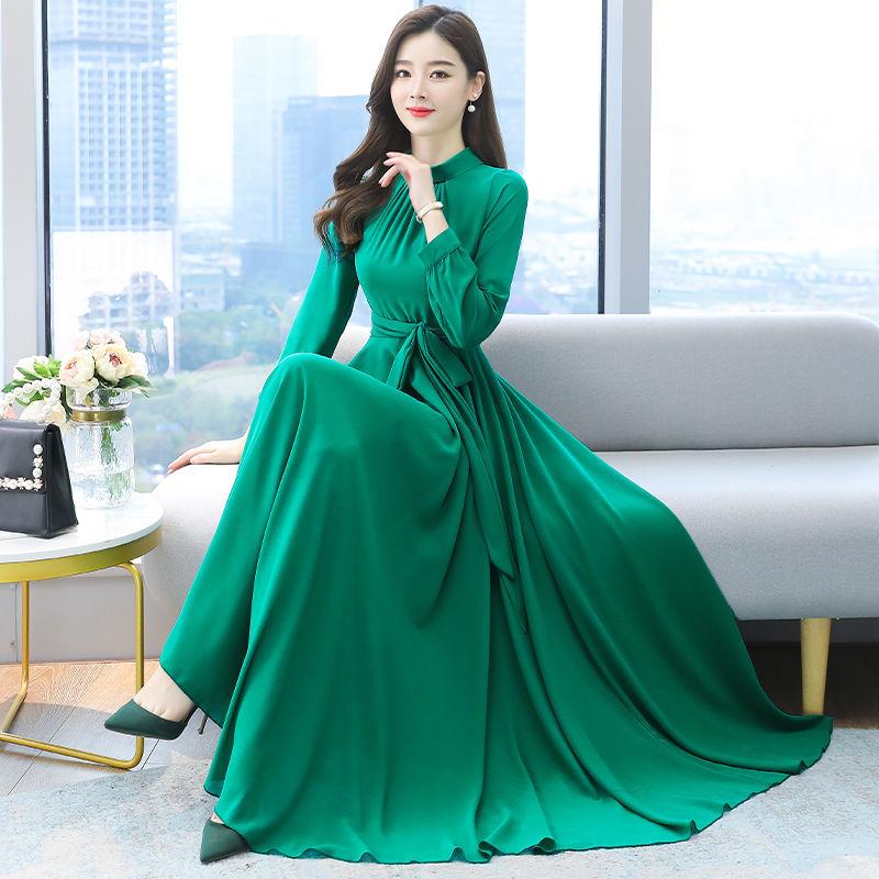 Chiffon Long Sleeve Dress for Women Spring Autumn Large Size Pure Color Fairy Temperament Over The Knee Beach Large Swing Dress Women