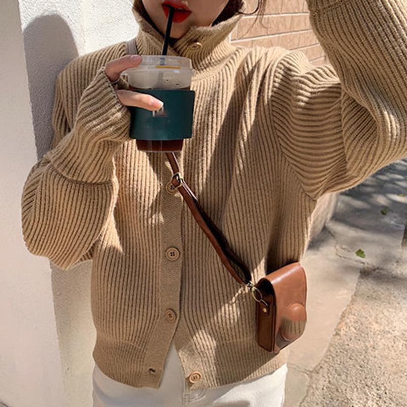 Spring  Autumn Design Sense Lapel Solid Color Vertical Pattern Sweater Cardigan Girl Student Casual Fashion All-match Knitted Cardigan