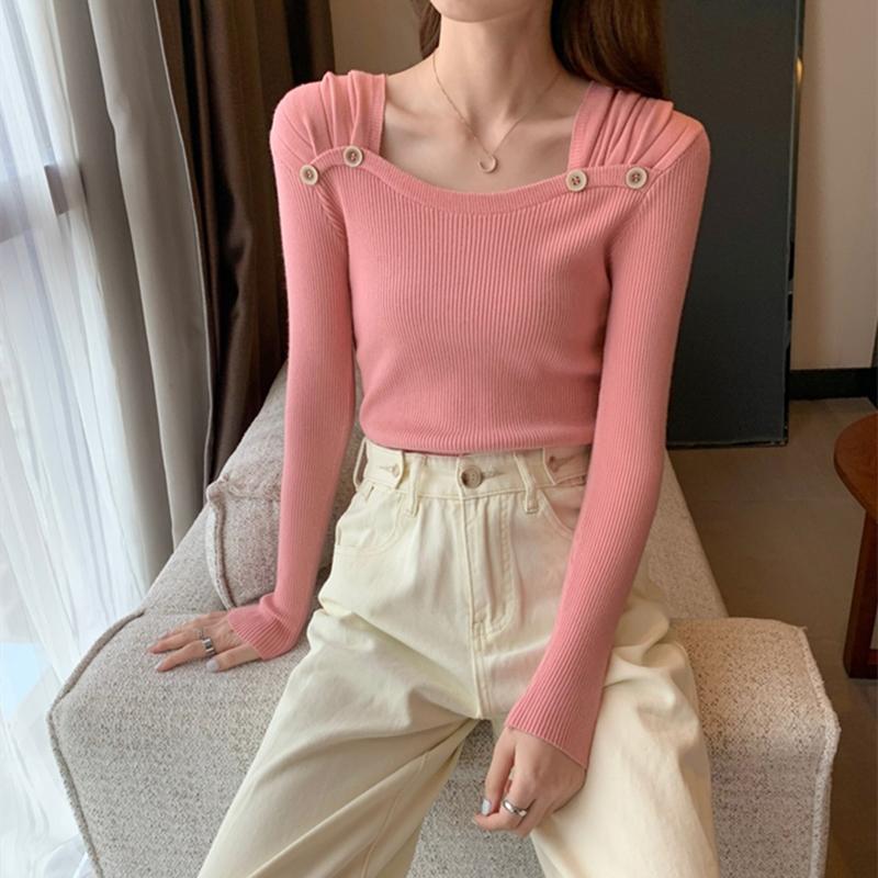 Women Winter Sweater White Pink Purple Square Collar Long Sleeve Slim Pullovers Korean Fashion Knitted Jumper Fall Casual Solid Women Girl Knitwear