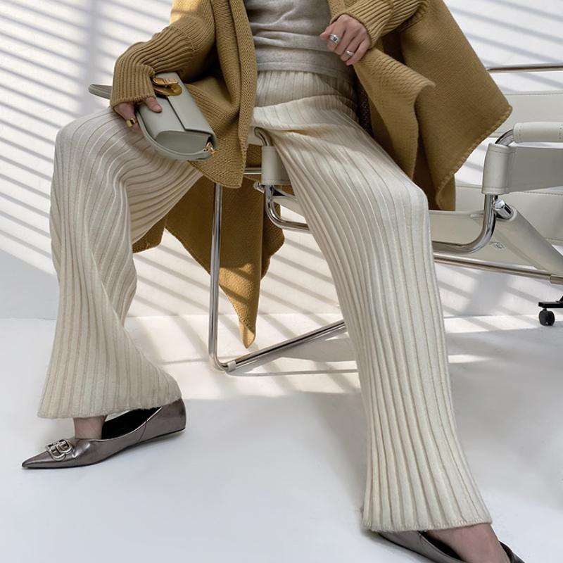 Casual Thick Knitted Women Pants Elastic High Waist Loose Female Wide Leg Pant Long Trousers 2022 Autumn Winter Striped Pantalon