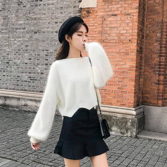 Autumn Winter Women's Knitted Pullovers Sweater O-NECK Lantern Sleeve Mink Cashmere Thick Keep Warm