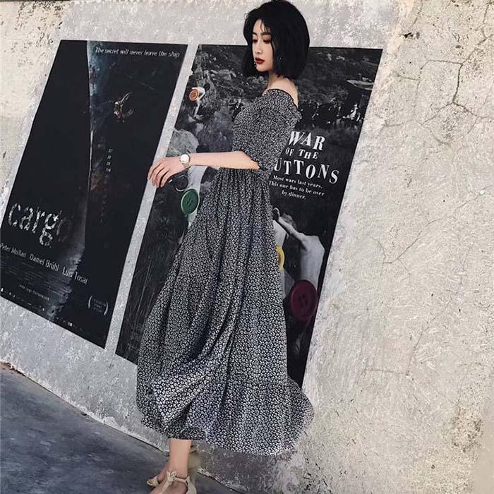 Women Off Shoulder Floral Camisole Dress Short-sleeved Long A-line Vacation Beach Dress