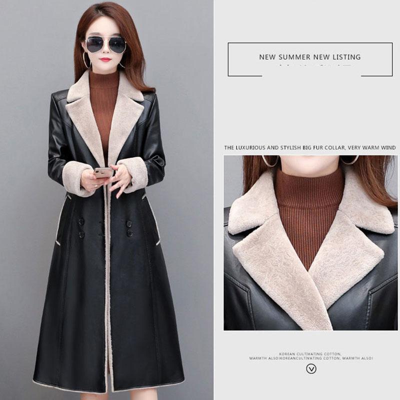 Leather Trench Coat Winter Long Sheepskin Coat Women Plus Velvet Thick Warm Leather Coat Black Overcoat with Faux Fur Inside