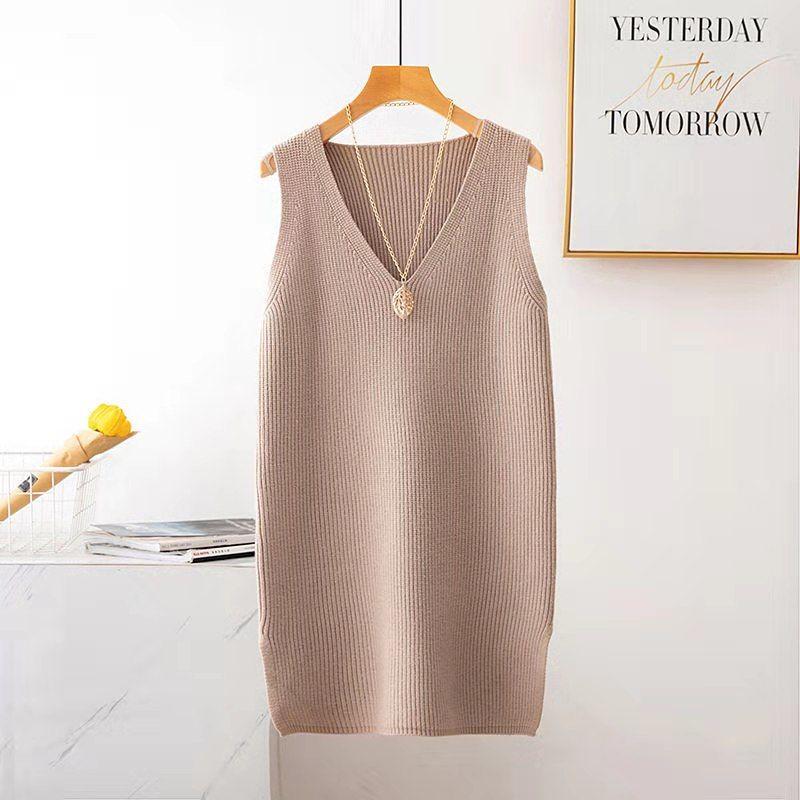 Spring and Autumn Loose Pullover Vest Mid-length Fashion Knitted Vest V-neck Waistcoat Women's Dress
