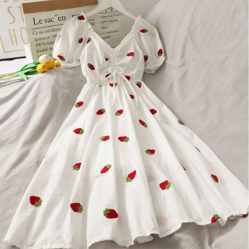 French Niche Fairy Embroidery Short-sleeved Dress V-neck Drawstring High-end Skirt