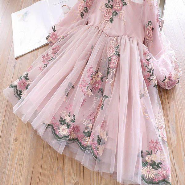 Girls Long Sleeve Dress Flower Embroidered Princess Dress Puff Sleeve Palace Dress Girl Dress