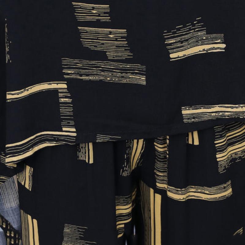 Black Printed Large Size Women's Summer Suit Casual Age-reducing Wide-leg Pants + Short-sleeved Round Neck Shirt Two-piece Set