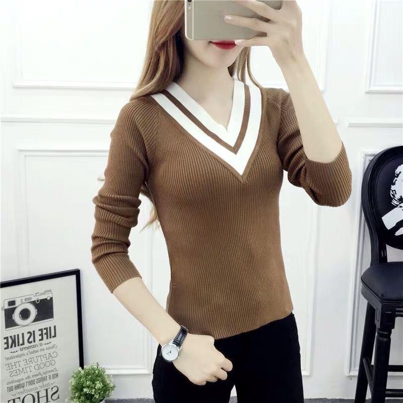 V-neck Short Sweater Autumn and Winter Pullover Slim Top Fashion Knitted Women Sweater
