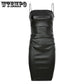 Sexy Leather Dresses for Women Solid Striped Ruched Slit Back PU Leather Bodycon Dresses Clothing
