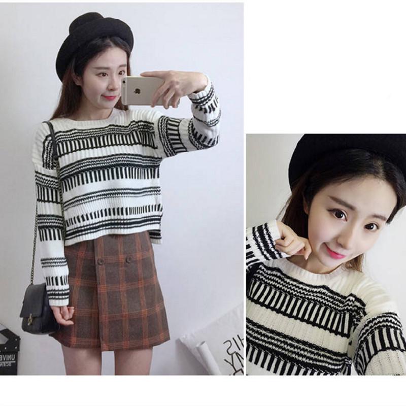 Pofulove Women's Long Sleeve Winter College Style Wild Loose Top Color Stripe KnitStudent Sweater