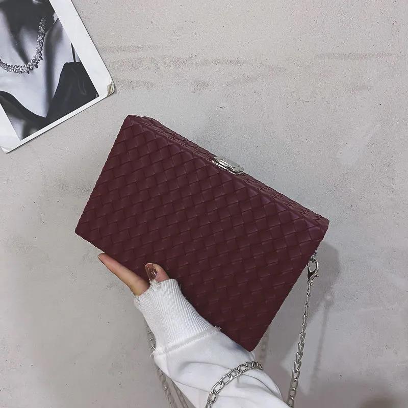 Women Box Bag Print Casual Clutch Purse Shoulder Crossbody Bags Weave Pattern Metal Chain Pu Leather