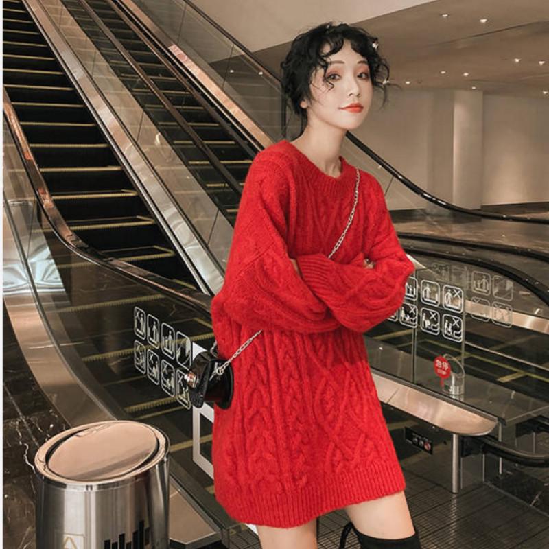 Pofulove  Red Sweater Women's Sleeve Loose WinterFairy Harajuku Style Knit Sweater Thicken Top