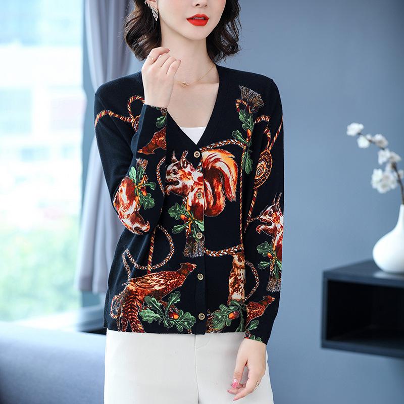 Printed Loose Sweater V-neck Wool Cardigan Sweater Jacket Women's Plus Size Knitted Coat