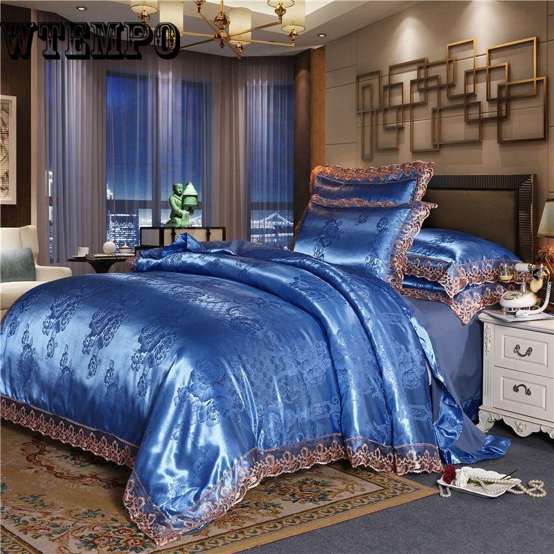 4PC Luxury Silk Cotton Satin Jacquard Bedding Set Duvet Cover Bed Sheet Pillowcases Bedclothe