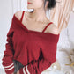 Pofulove Sexy V-neck Sweater Women Hollow Out Knitted Sweaters Chic Off Shoulder Pullovers Jumper