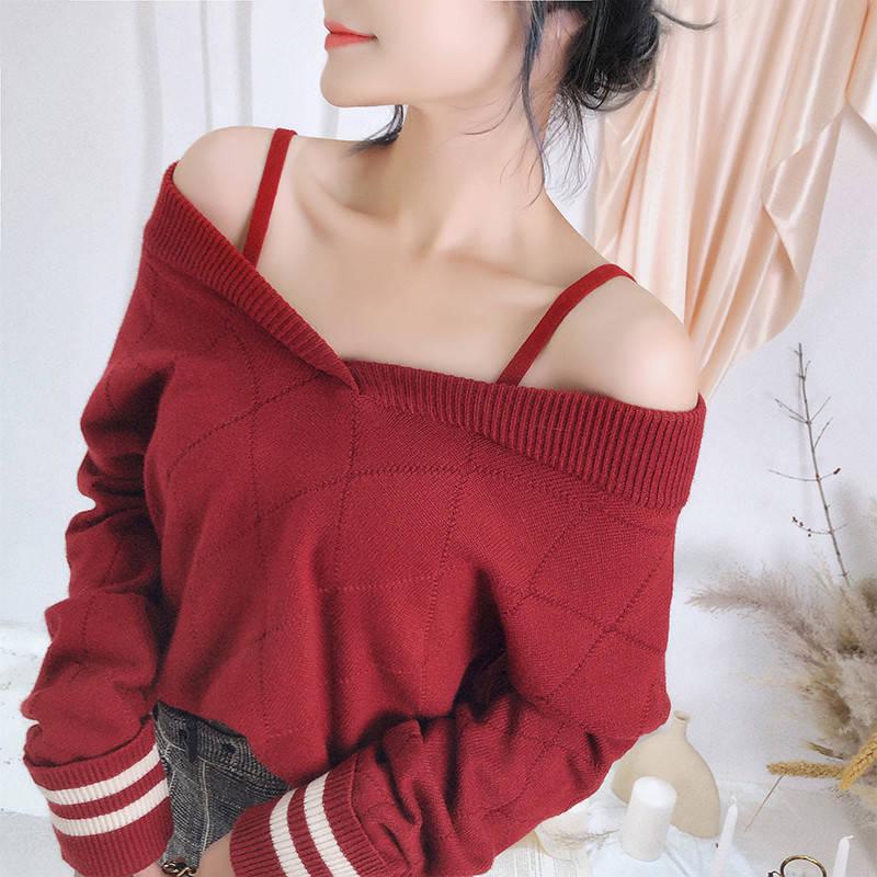 Pofulove Sexy V-neck Sweater Women Hollow Out Knitted Sweaters Chic Off Shoulder Pullovers Jumper