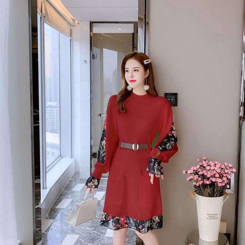Women's Autumn and Winter Long-sleeved Dress Half High Collar Sweater Dress with Belt  Mid-length Skirt