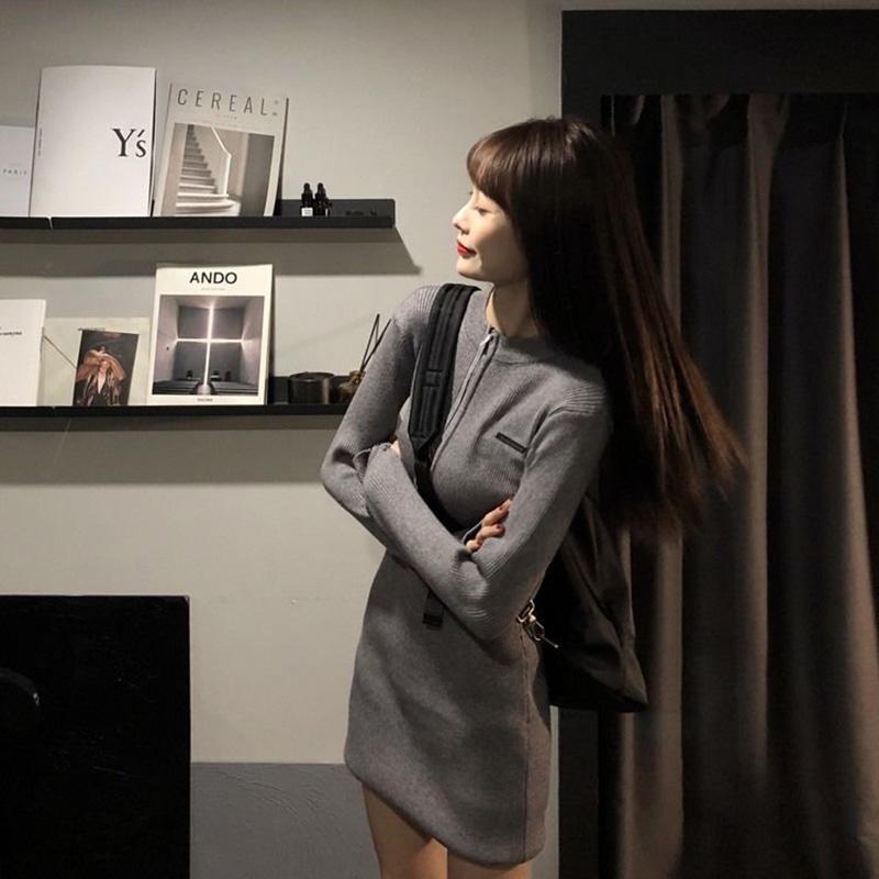 Women's Knitted Dress Spring and Autumn Zipper Long Sleeve Waist Slimming Skirt Hip Skirt Pure Color Cotton Soft and Comfortable