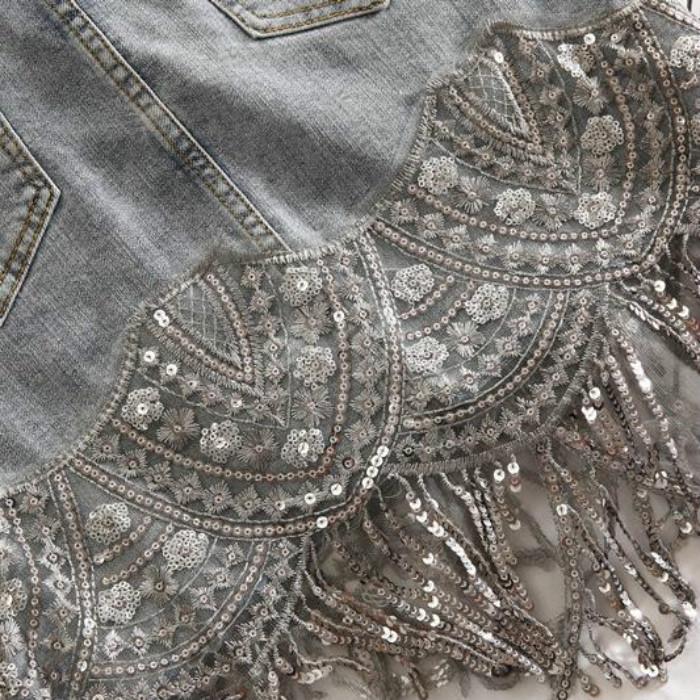 2020 Summer European Style High Quality Diamond Tassels Denim Shorts Woman Fashion High Waist Jeans Shorts