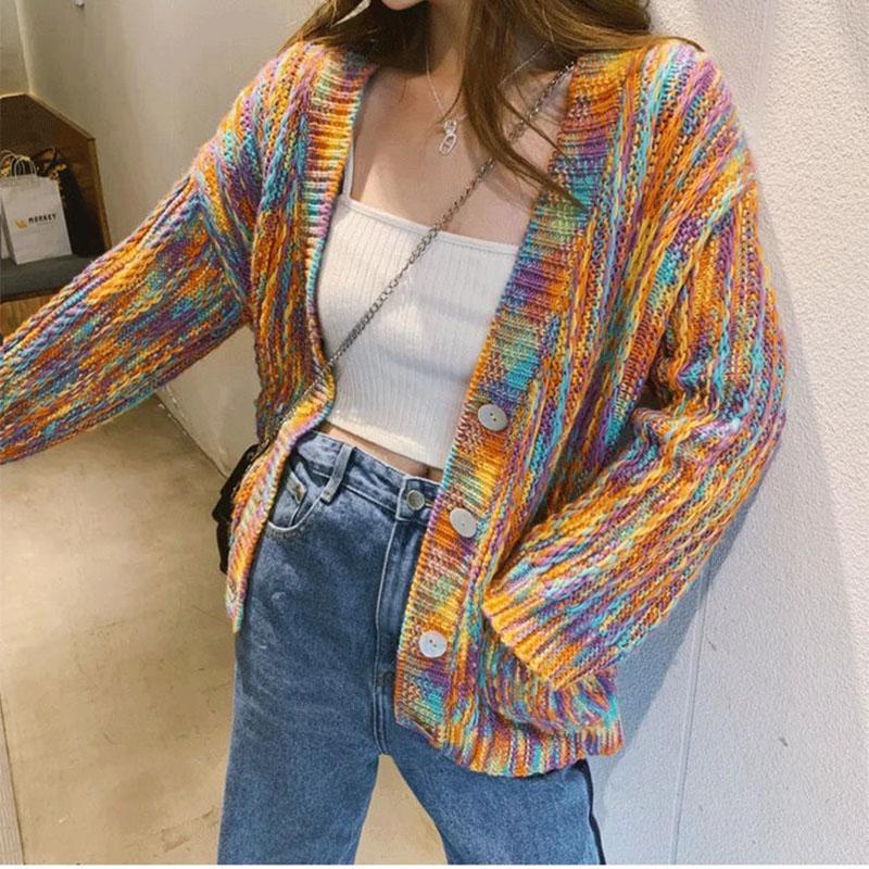 Spring and Autumn Rainbow Color Sweater Cardigan European and American Style Top Loose Casual Knitted Young Women's Jacket