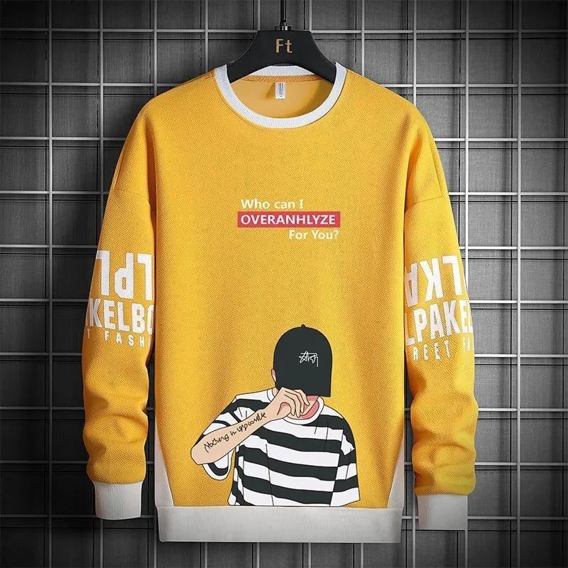 Spring and Autumn Men's Round Neck Sweater Youth Bottoming Shirt Middle School Student Shirt Cartoon Printing Trend Long-sleeved T-shirt Men