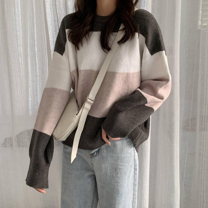 Pofulove Round Neck Loose Sweater Female Students Were Thin Wild Color Matching Long-sleeved Sweater