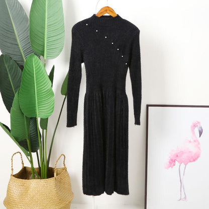 Pofulove Women's Mid-length Mink-like Beaded Knitted Dress Wild Fashion Slim Bottoming Shirt Women