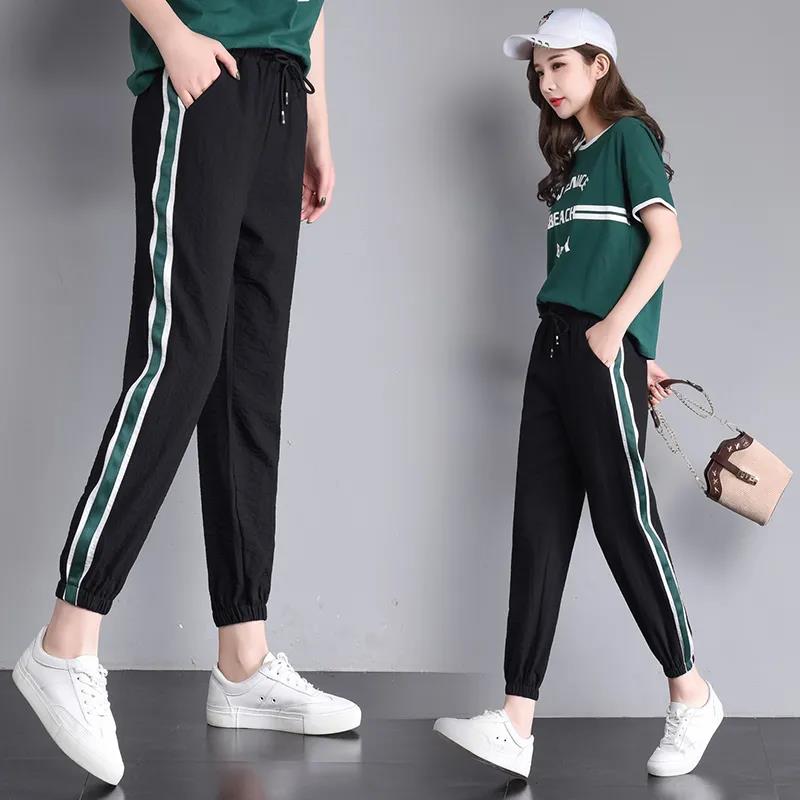 Pants Female Summer Ice Silk Cotton Linen Student Korean Casual Pants Nine Points Harem Pants Loose Sweatpants