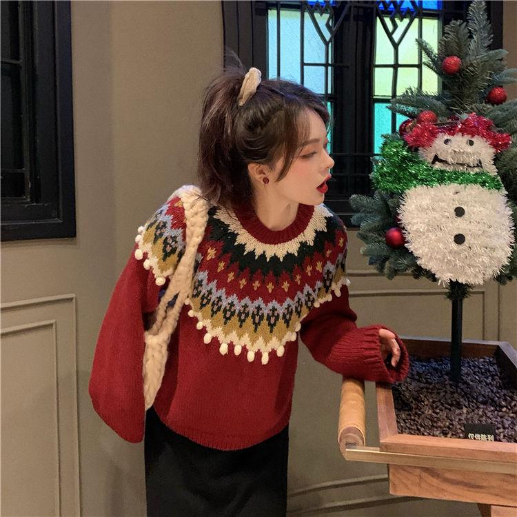 Autumn Winter Red Christmas Sweater Women Loose Snowflakes Printing Pullover Sweater Knitted Top Outwear