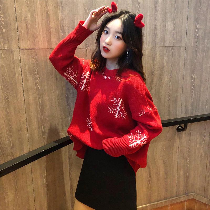Sweaters for Women  Lazy Style Pullover Loose Christmas Red Sweater