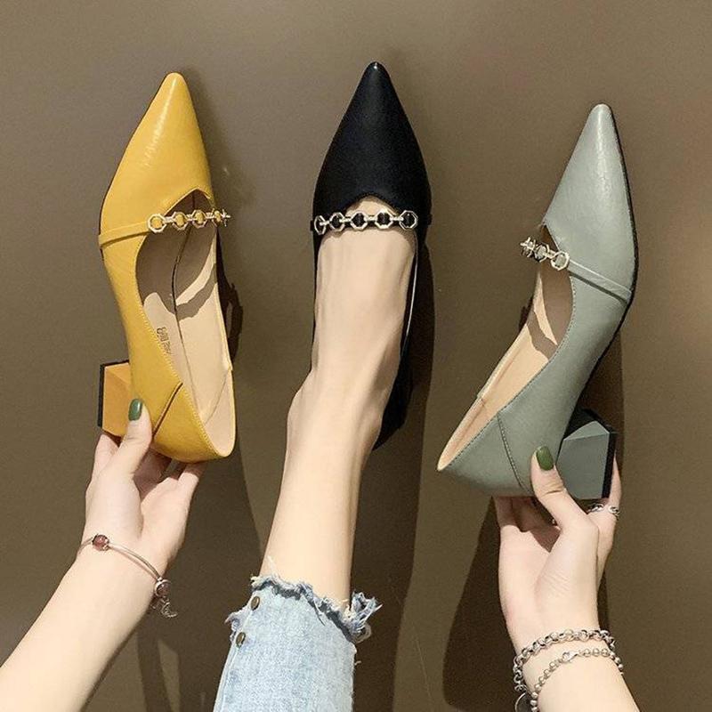 High Heels Women's Thick Heel Spring and Autumn All-match Pointed Toe Fashion Soft Leather Mid-heel Shoes