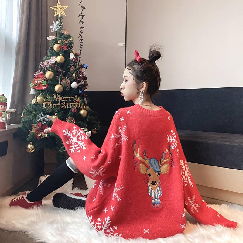 Women 2 Colors Christmas Theme Elk Embroidery Long Section Sweater Crew Neck Loose Pullover