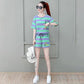Cotton Striped Sports Suit Women Loose Round Neck Short Sleeve Tethered Shorts Two-piece Running Casual Wear Cute Home Wear Pajamas