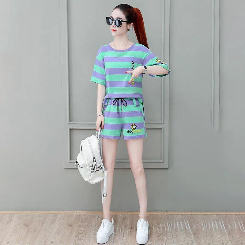 Cotton Striped Sports Suit Women Loose Round Neck Short Sleeve Tethered Shorts Two-piece Running Casual Wear Cute Home Wear Pajamas