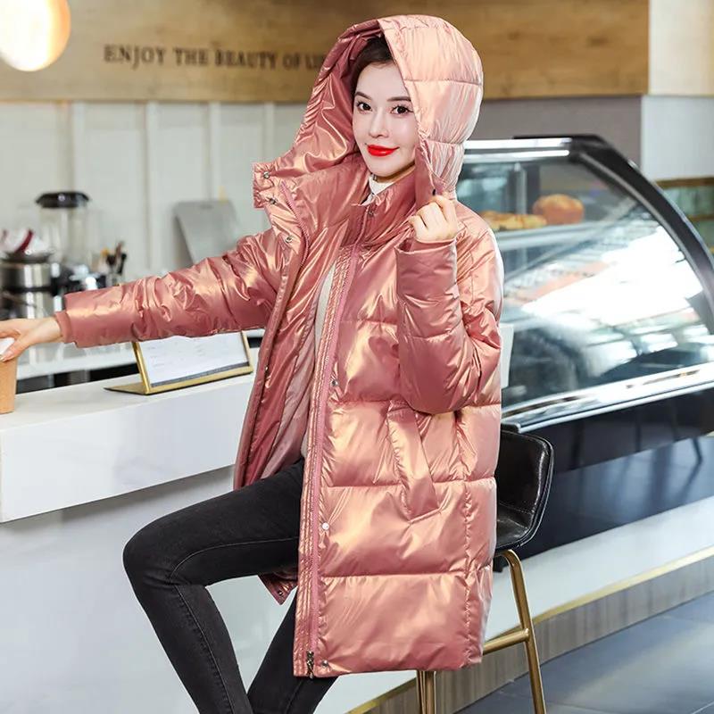 Down Cotton Jacket Winter Thicken Warm Loose Fashion Color Glossy Disposable Stand Collar Mid-length Cotton Jacket Women