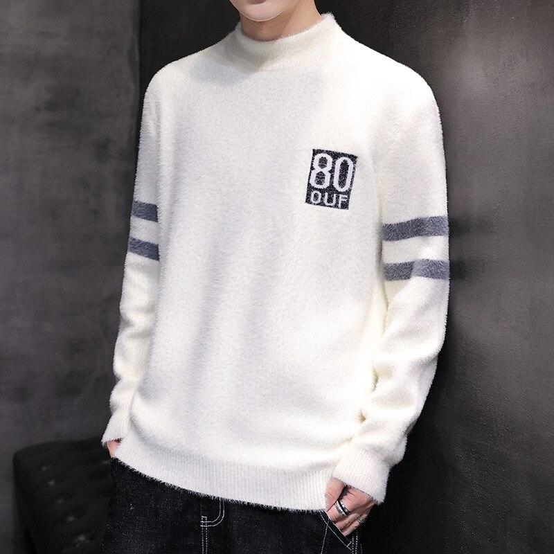 Mens Sweater Autumn and Winter Men's Casual Warm Imitation Mink Sweater Trend Fashion Long-sleeved Slim Knit Sweater