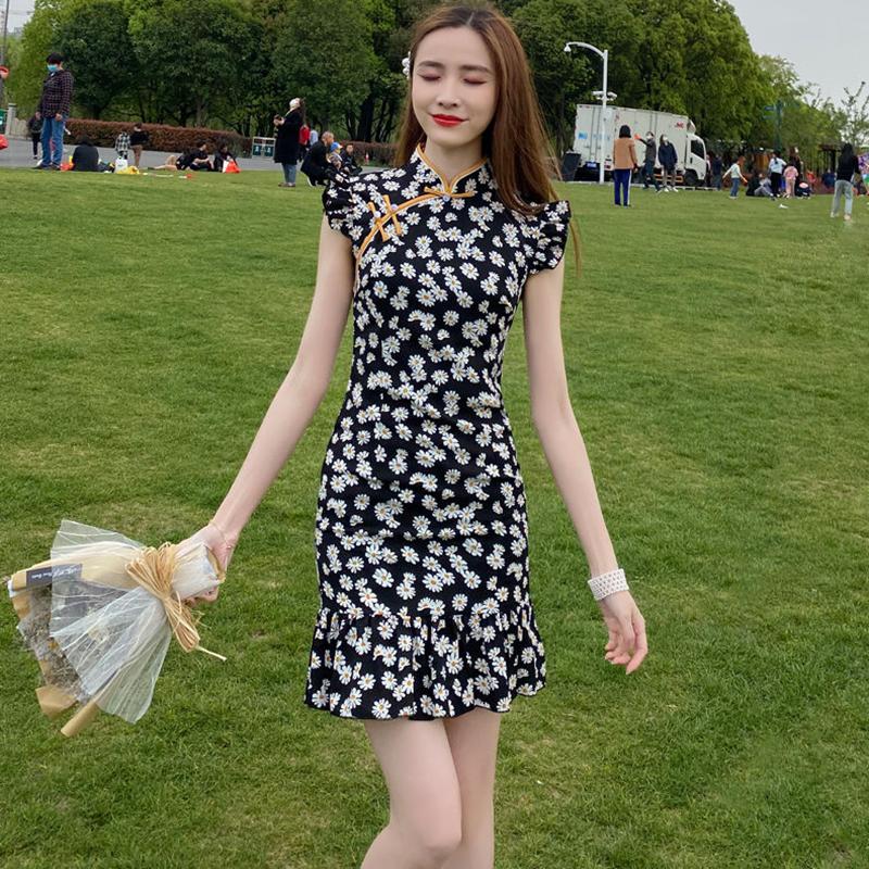 Little Daisy Cheongsam Improved Dress Short Floral Sexy Small Young Girl Daily Wear