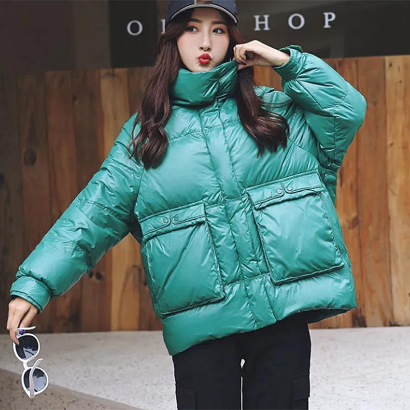 Women's Shiny Short Down Jacket Winter Korean Style Loose Quilted Jacket Casual Stand-collar Padded Jacket