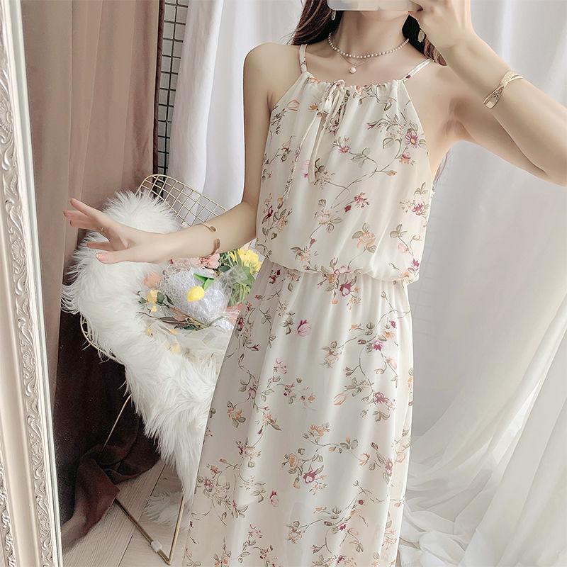 Women Sweet Floral Skirt Sling Dress Chiffon Beach Vacation Sleeveless Elastic Waist Long Skirt