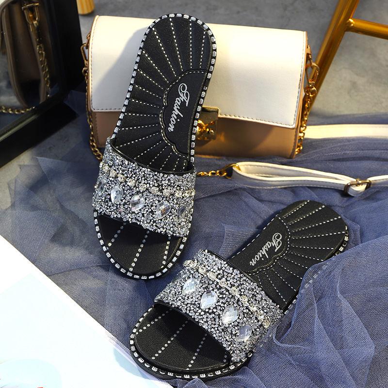 2020 Slippers Female Summer Korean Version Wild Fashion Cool Water Drop Flash Diamond Flat Bottom Non-slip Word with Sandals