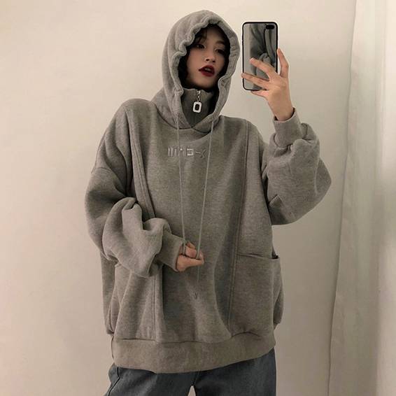 Women Fashion Autumn Winter Thickened Loose Hoodies High Collar Letter Embroidery Oversize Pullover