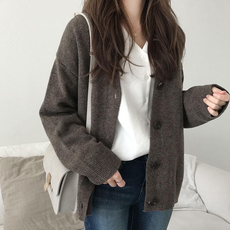 Spring and Autumn Fashion Top Loose V-neck Jacket Cardigan Simple Female Student Sweater