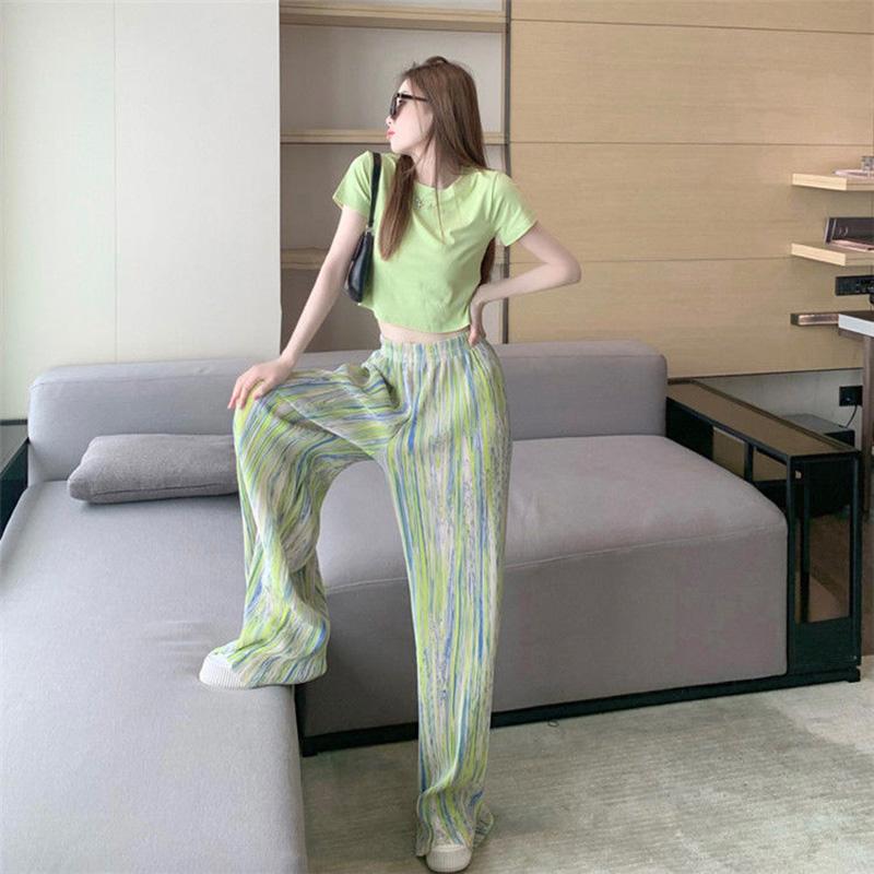 Summer Suit Women's Round Neck Short-sleeved T-shirt Loose Straight Wide-leg Pants Two-piece Casual Sports Suit Home Service