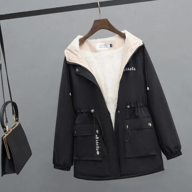 Parker Plus Velvet Thick Coat Women All-match Casual Casual Short Hooded Waist Loose Windbreaker Women Warm and Comfortable